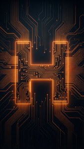 在深色背景上呈字母H形狀的發光橙色電路。