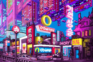 像素化霓虹燈街道，夜間有飛翔的招牌和汽車。