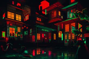 夜晚霓虹燈照亮賽博朋克街道，潮濕路面反射發光招牌。
