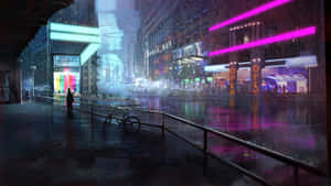 一個人在雨夜霓虹城市中獨自行走，伴隨著發光的招牌和倒影。