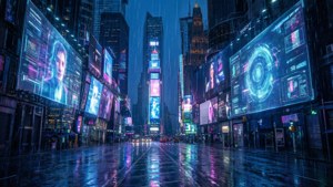 未來主義的夜晚城市街道，有雨和發光的數碼廣告牌。