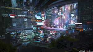 未來城市夜景，霓虹燈和數碼廣告牌映照在濕漉漉的街道上。