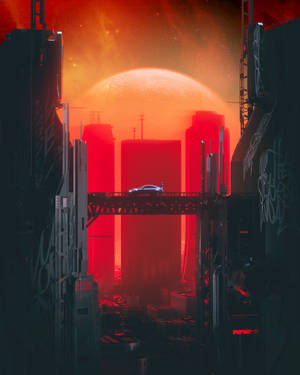 賽博龐克城市中，巨大紅太陽下橋上的未來汽車。