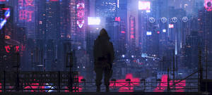 一個人的剪影，俯瞰著夜晚發光的未來城市。