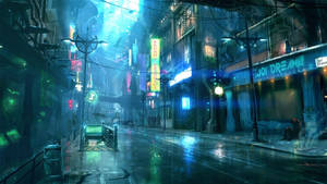 未來城市街道夜景，霓虹燈在濕路面上反射。