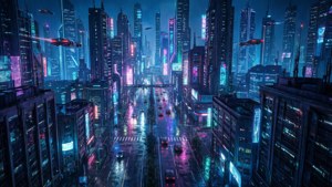 未來城市夜景，霓虹燈和飛天汽車在濕漉漉的街道上。