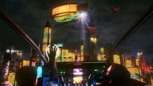 從駕駛艙觀看的未來城市夜景，霓虹燈光和飛行車輛。 — 夜空 壁紙