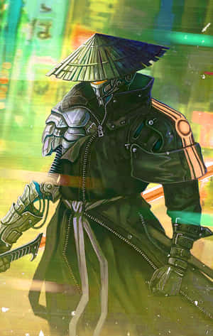 身穿暗色盔甲的賽博朋克武士在霓虹城市中手持武士刀。