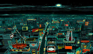 像素化的霓虹燈城市夜景，帶有發光的標誌和滿月。