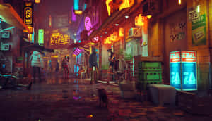 夜晚霓虹燈照亮 cyberpunk 小巷，濕漉漉的街道上有人和一隻貓。