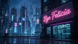 霓虹燈在雨夜中的未來城市閃耀。