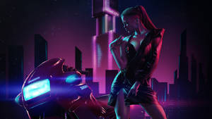 穿著皮革服裝的女性在發光摩托車旁，霓虹城市夜景