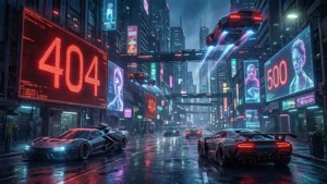 夜晚未來感賽博朋克街道，有飛天汽車和霓虹廣告牌。