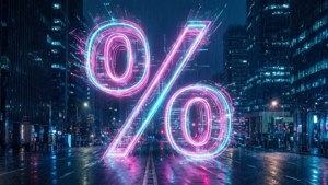 霓虹燈百分比符號漂浮在濕漉漉的街道上（夜晚）