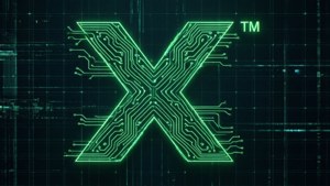 在暗色數位網格上，發光綠色X形電路板。