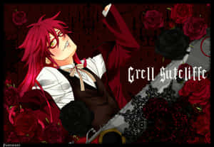 動漫角色Grell Sutcliff，紅髮持劍，被玫瑰環繞。