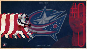 Seth Jones Columbus Blue Jackets 冰球運動員在帶有球隊標誌和肖像圖形的行動中。