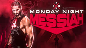 摔角手在紅光照耀的競技場中，帶着「Monday Night Messiah」文字和陰影人物。