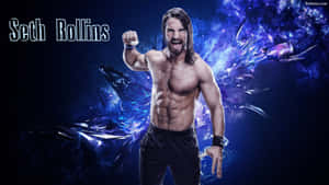 摔角手 Seth Rollins 在宇宙藍色能量爆發背景下強力繃緊肌肉。