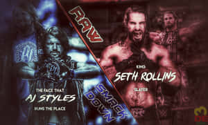 WWE摔角手AJ Styles和Seth Rollins在一張由Raw和SmackDown標誌分割的宣傳海報中。
