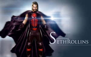 超級英雄摔角手 Seth Rollins 穿著黑色和紅色的套裝，披著披風，英勇地站立。