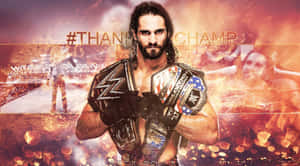 摔角手 Seth Rollins 手持冠軍腰帶，背景火熱並有競技場場景。