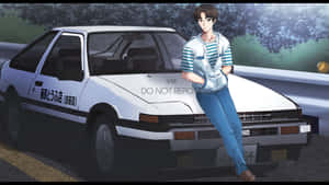 動漫男孩在黃昏時靠在白色AE86跑車上