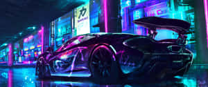 黑色McLaren跑車停在潮濕的街道上，下方是閃爍的霓虹招牌。