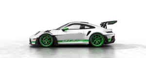 白色保時捷911 GT3 RS，工作室環境中帶有綠色細節