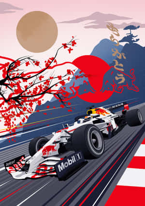 紅牛F1賽車在賽道上飛馳，背景有櫻花和日本山脈。