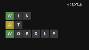 Wordle 遊戲介面，顯示「WIN AT WORDLE」和彩色字母方塊。