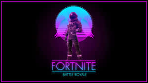 一個帶有像素翅膀的霓虹太空人站在一個發光的圓圈前，帶有Fortnite Battle Royale文字。