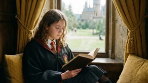 穿著霍格華茲制服的小女巫在窗邊看書，窗外有城堡景色。 — Hufflepuff GIF 壁紙