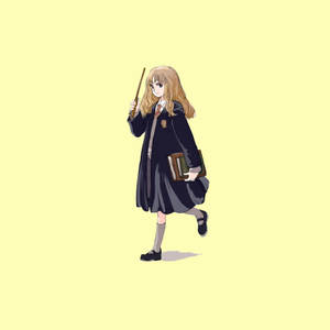 動漫學生穿著校服，拿著魔杖和書本走路。