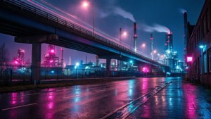 雨濕的都市街道在夜晚閃爍著來自工廠和橋樑的霓虹燈光。