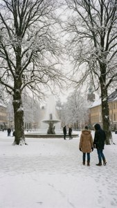 兩個人在雪覆蓋的城市廣場上行走，有噴泉和光禿禿的樹木。