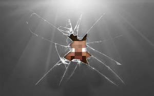 像素化的Minecraft角色透過破裂的玻璃可見，伴有光線。 — 灰色 GIF 壁紙