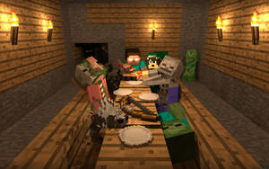 Minecraft 角色在舒適的石頭小屋中圍著木桌分享一頓飯。