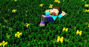 Minecraft角色在長滿黃花的草地上休息