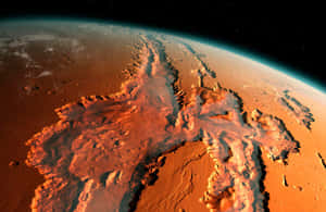 星空下，火星表面有深峽谷和鏽色地形。