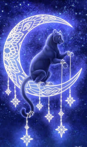 黑豹棲息在發光的彎月上，帶有星星裝飾，背景是繁星點點的夜空。 — Tecno Megapad Pro 壁紙