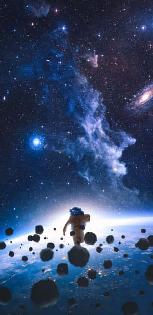 太空人在星光熠熠的太空中小行星帶中航行，伴隨著發光的星雲。
