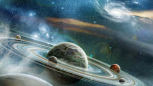 一顆帶有衛星的環狀行星，以色彩繽紛的宇宙星雲和遙遠星系為背景。 — 銀河 壁紙