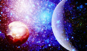 在一個色彩繽紛、佈滿星星的星系中的兩顆行星和一個月球。 — 行星 壁紙