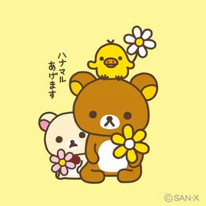 可愛卡通熊兔和小雞在黃色背景上拿著花。