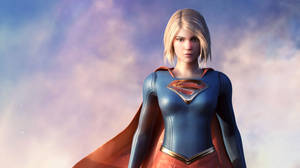 Supergirl 身穿藍色和紅色套裝配斗篷，背景是粉彩天空