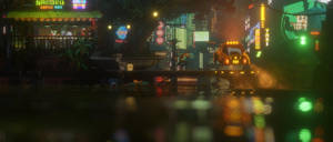 黃色的士在雨濕的霓虹街道上行駛於夜晚。