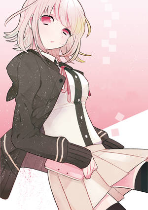 粉紅髮動漫女孩臉紅穿校服在粉紅背景前 — 源氏 GIF 壁紙
