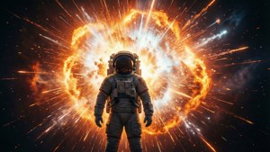 太空人剪影喺超新星爆炸前面