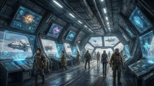 太空船艦橋上的船員監控全息顯示屏和外面的戰鬥機。 — 科幻 壁紙